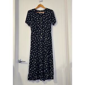 Vintage Kathie Lee Size 6 Floral Dress Black White Short Sleeve Loop Details